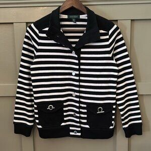 Lauren Ralph Lauren Sweater Button Front Cardigan Black White Stripe Cotton PM
